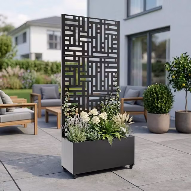 Fioriera con Spalliera Bernalda casa.pro in Acciaio Grigio Antracite con 4 Rotelle L: 190 cm, P: 82 cm, H: 38 cm – 1