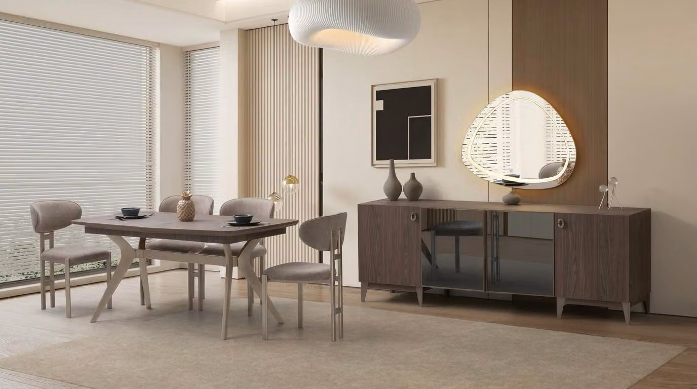 Set moderno per sala da pranzo: credenza marrone, tavolo, 4 sedie, mobile TV