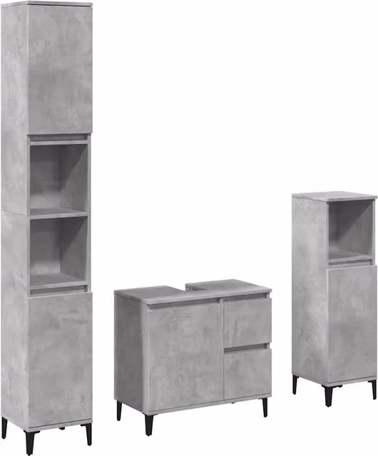 Set Mobili da Bagno Moderno 3 Pezzi Grigio Opaco in Legno e Metallo con Mobile Lavabo, Colonna e Mobile Laterale