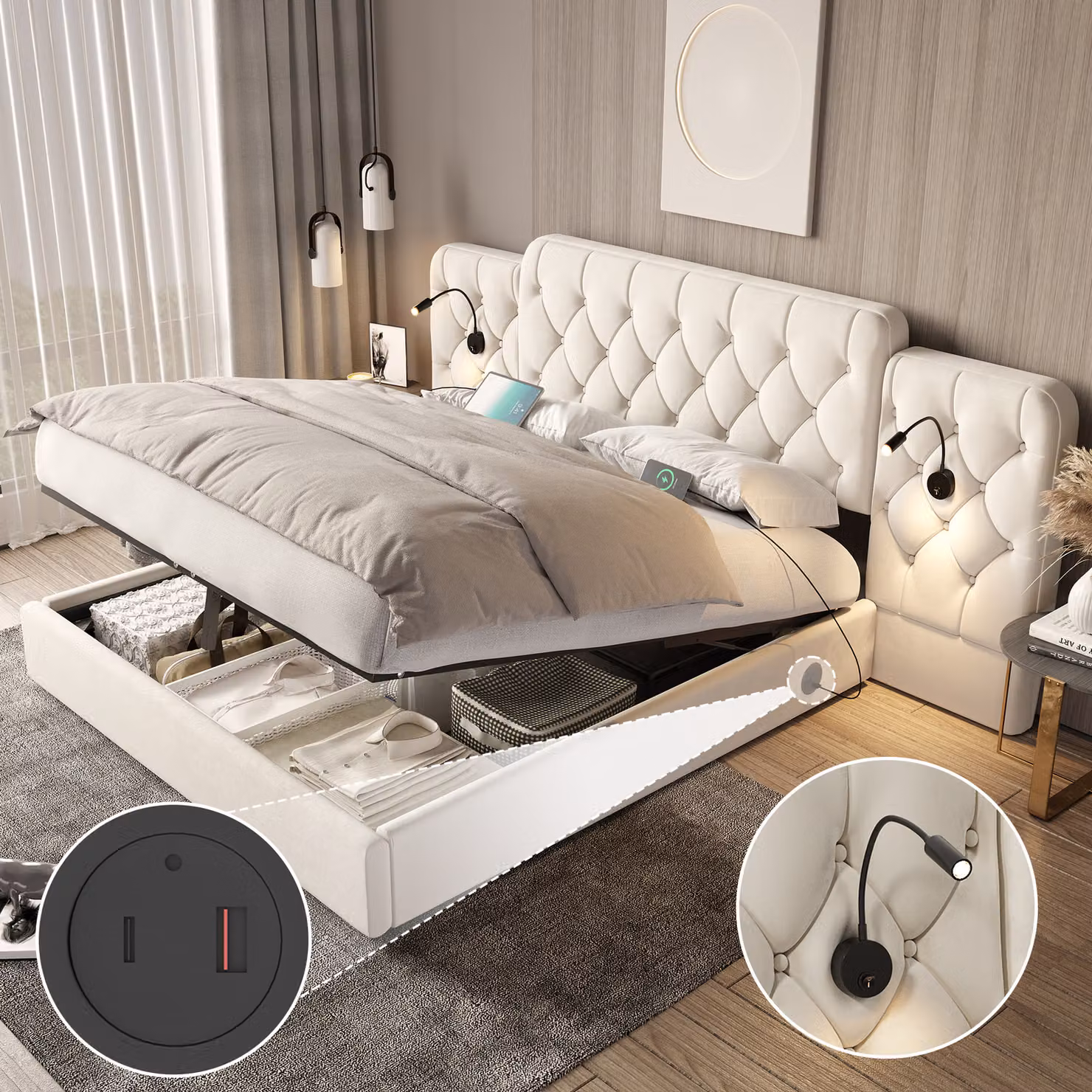 Letto imbottito LVHOM 160x200 cm con lampade da lettura e USB, letto a molle idrauliche con rete, letto matrimoniale in velluto con rete a doghe, letto funzionale, beige