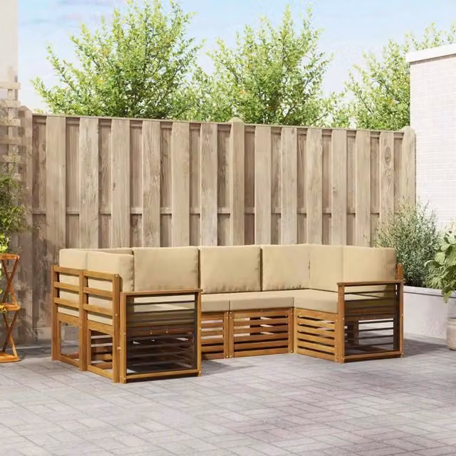 Set di divani da esterno a L vidaXL in legno di acacia con cuscini beige per giardino e terrazza