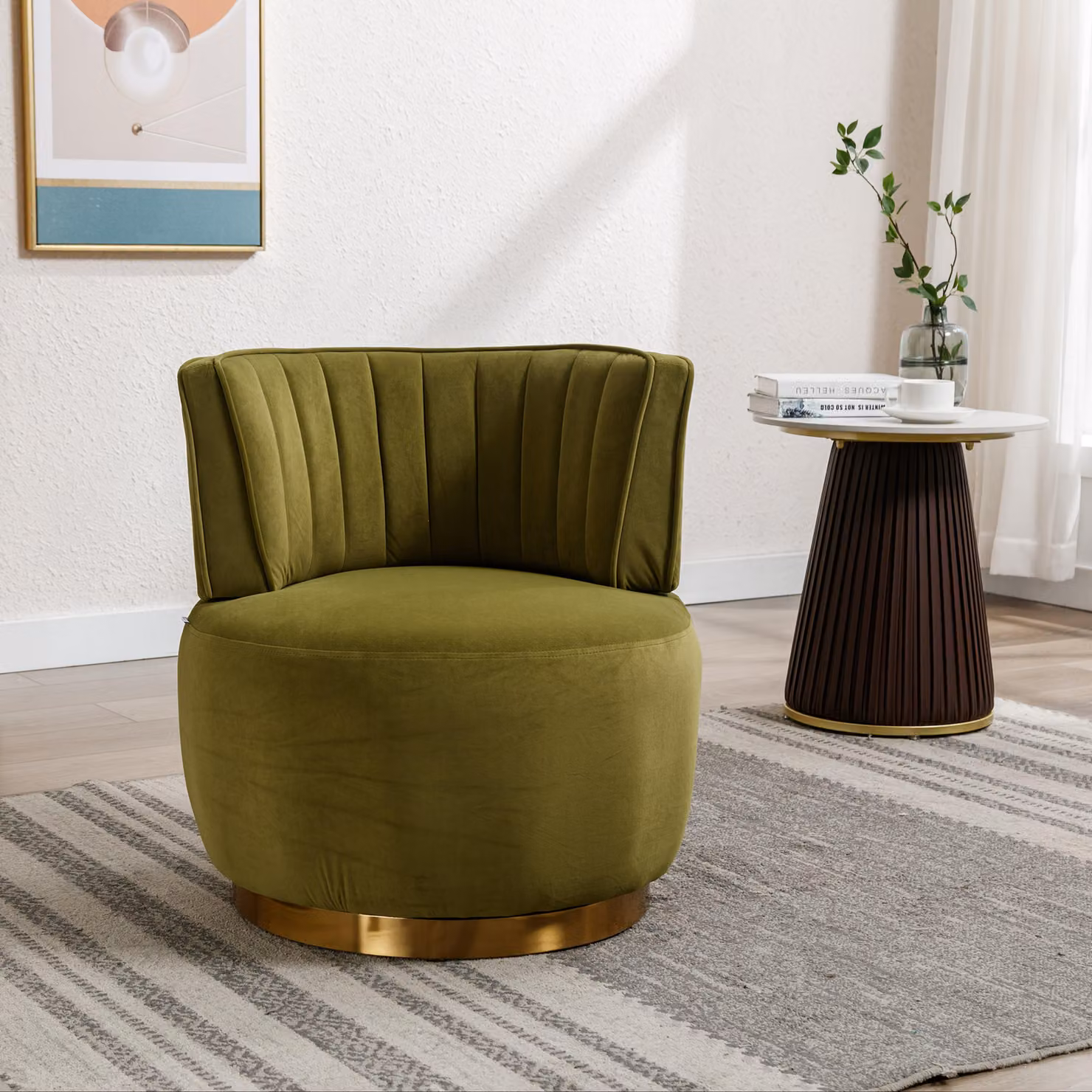 Poltrona girevole moderna – 360 gradi – in velluto – con schienale confortevole – color verde oliva