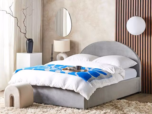 Letto contenitore matrimoniale Beliani in velluto grigio con base a sollevamento, stile minimalista, L/P/H: 160 x 200 x 112 cm