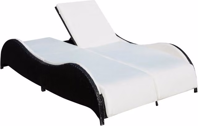 Lettino Prendisole | Sdraio da giardino | Lettino da sole Doppio con Cuscino in Polyrattan Nero