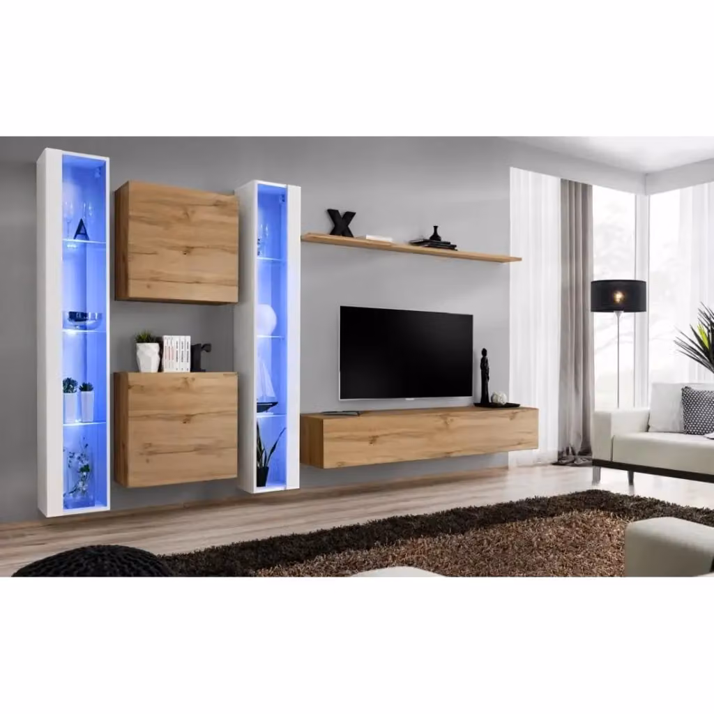 Composizione murale Meublorama SWITCH XVI con mobile TV, vetrine LED, cubi e mensola in quercia e bianco lucido L 330 x H 180 x P 40 cm – 2