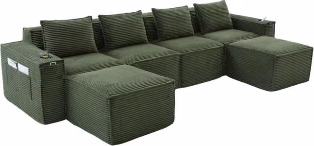 Divano modulare 4 posti in tessuto a coste con 2 pouf, portabicchieri, tasche laterali - schiuma ad alta densità e molle, struttura stabile, senza montaggio