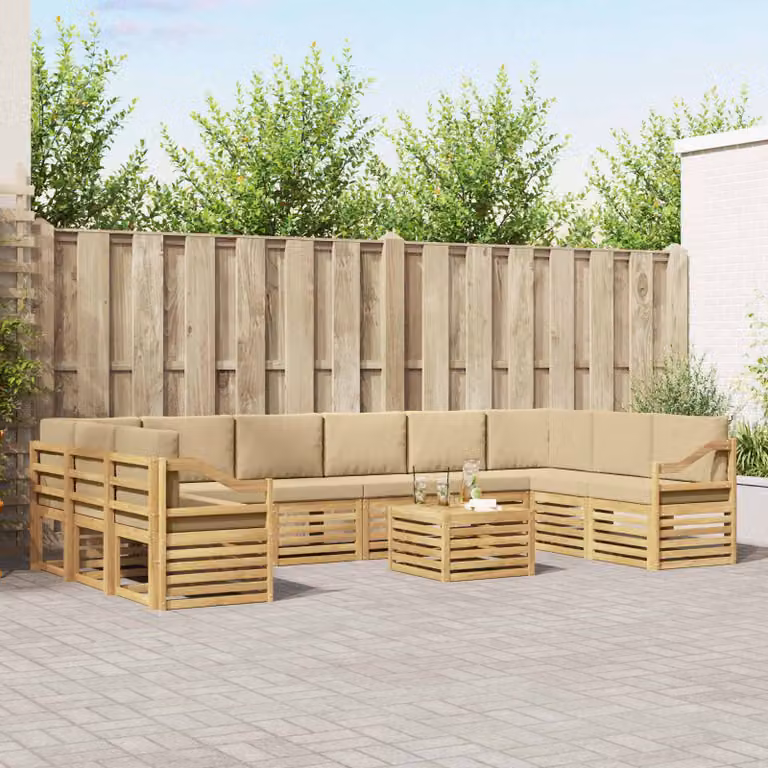 vidaXL Set di divani da esterno a L composto da 11 pezzi in legno di acacia e poliestere, Bianco e Beige