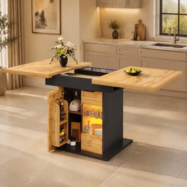 Tavolo da pranzo allungabile 110-140x80x76 cm con LED; vano snack e ripiani in vetro