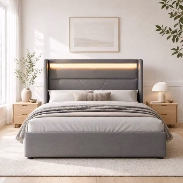 Letto contenitore Mivray con testiera LED e telecomando, rivestimento in similpelle grigio, L/P/H: 140 x 200 x 107,5 cm