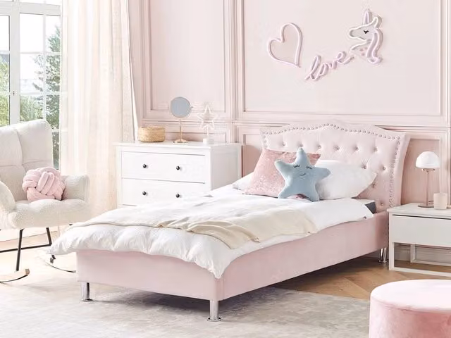 Letto singolo con contenitore Beliani in velluto rosa, stile glamour, L/P/H: 90 x 200 cm