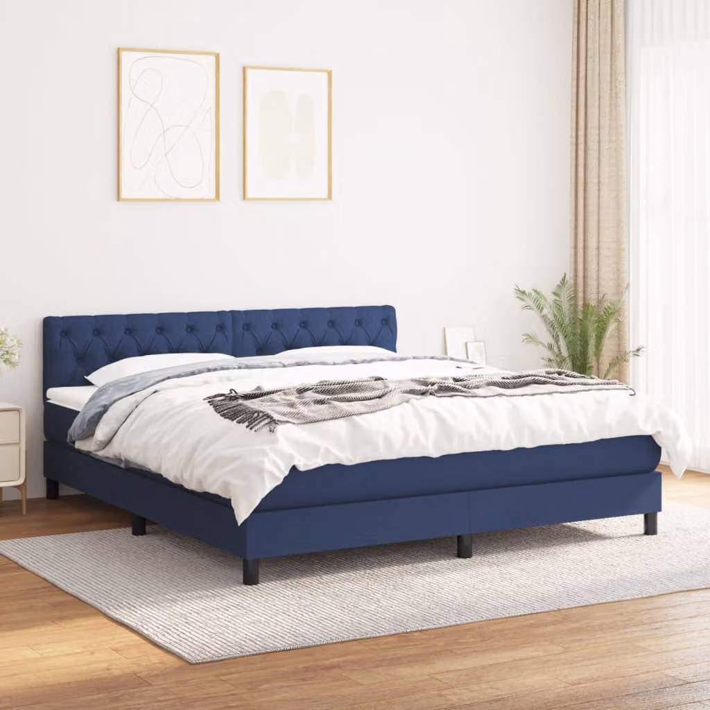 vidaXL Giroletto a Molle con Materasso Ibrido in Tessuto Blu e Bianco L/P/H: 160 x 200 x 88 cm – 1