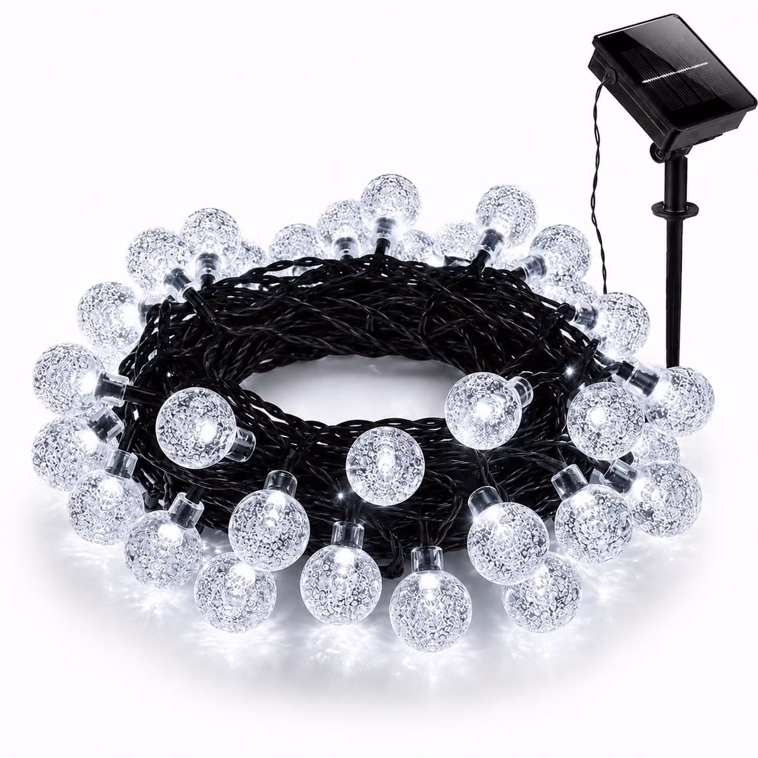 Catena luminosa solare da esterno, 5 metri, 20 LED, sfere di cristallo, 2 modalità, luce bianca fredda, accensione/spegnimento automatico, ideale per decorare giardino, terrazza, balcone, per Natale o per feste