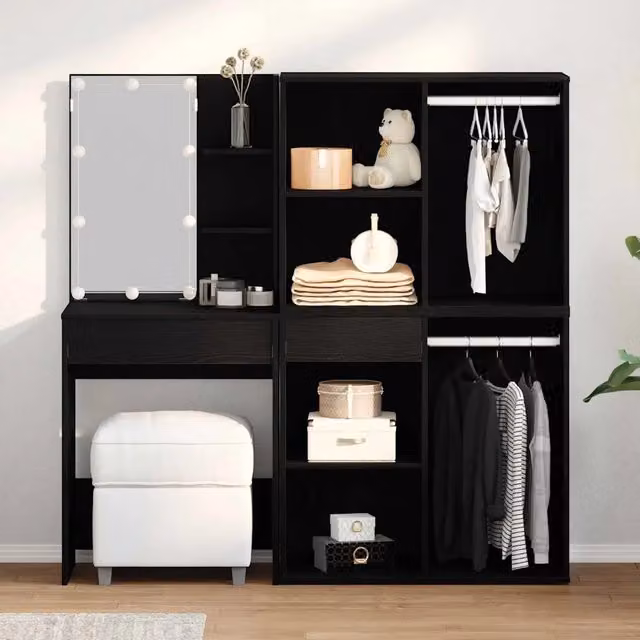 Set Tavolo da Trucco LED Rovere Nero 140 x 40 x 140 cm 3333044
