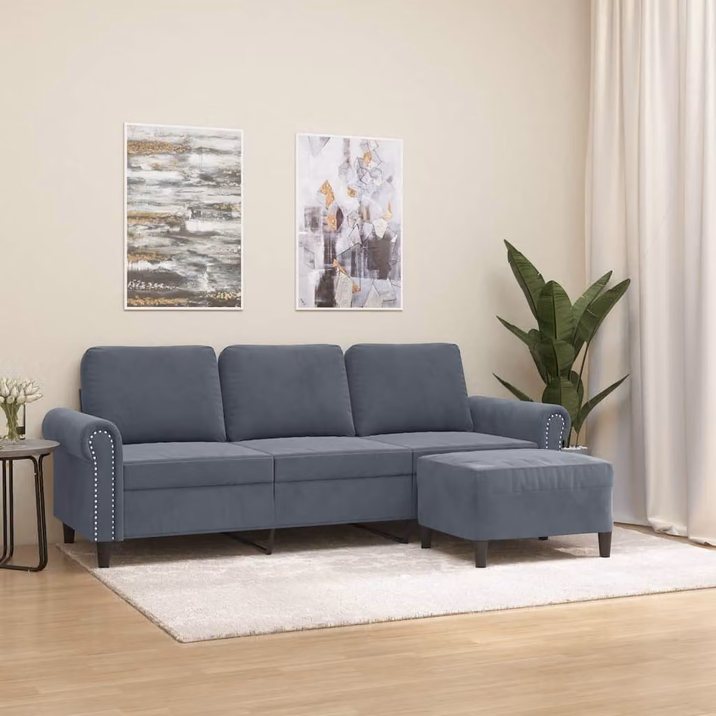 vidaXL Divano a 3 Posti con Poggiapiedi Grigio in Velluto con Struttura in Metallo e MDF – 1