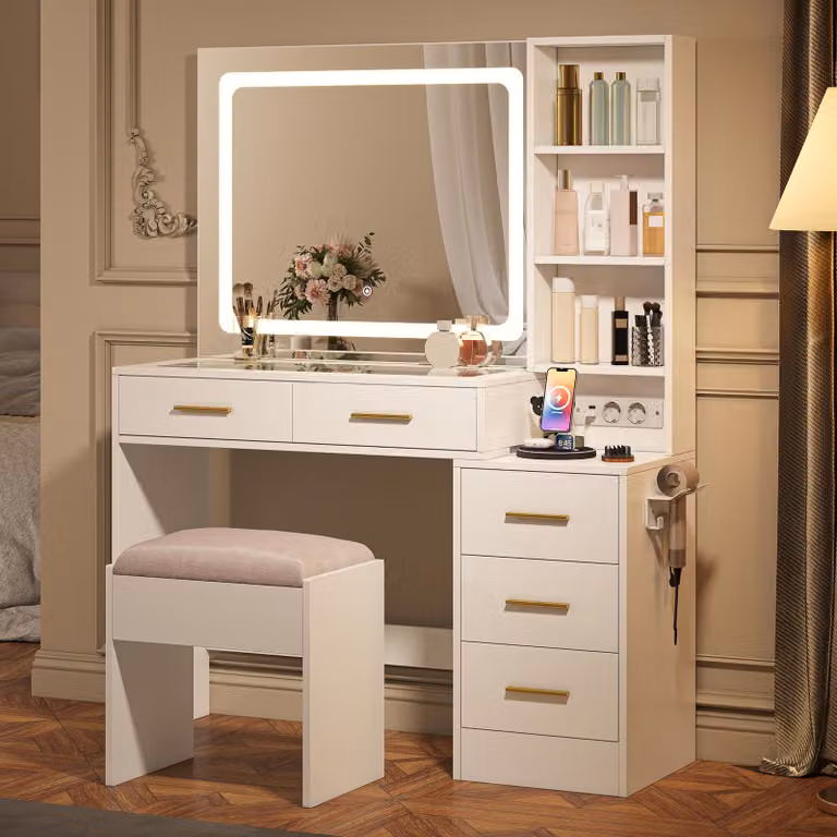 UnboxG, tavolino da trucco bianco con specchio a LED, 5 cassetti, presa USB e ciabatta multipresa, ripiani regolabili, supporto per asciugacapelli, poggiapiedi imbottito, tavolino da trucco con spazio contenitivo
