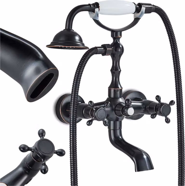 Rubinetto da bagno vasca a parete Ari Retro, beccuccio girevole 180 gradi, cartuccia in Vetroceramica, ottone, nero anticato con doccetta