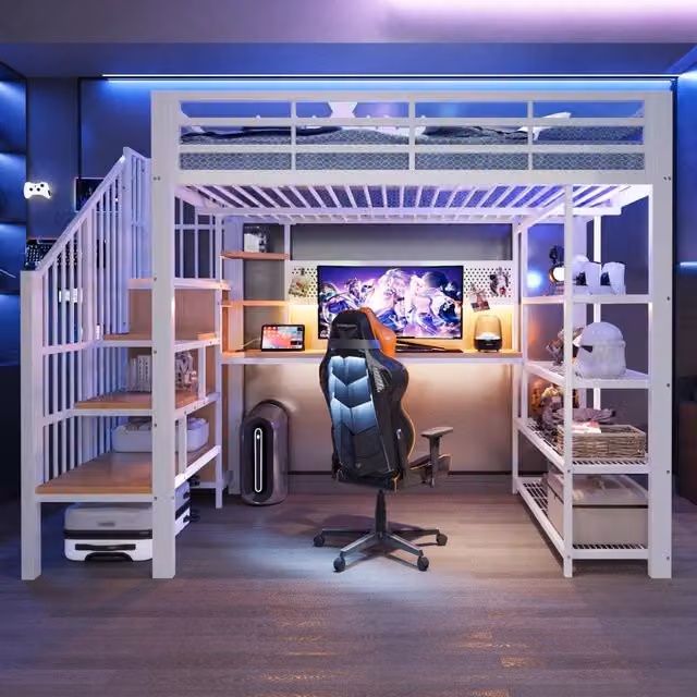 Letto a soppalco 140x200 in metallo bianco con scrivania; scala con contenitore; prese integrate e luci LED