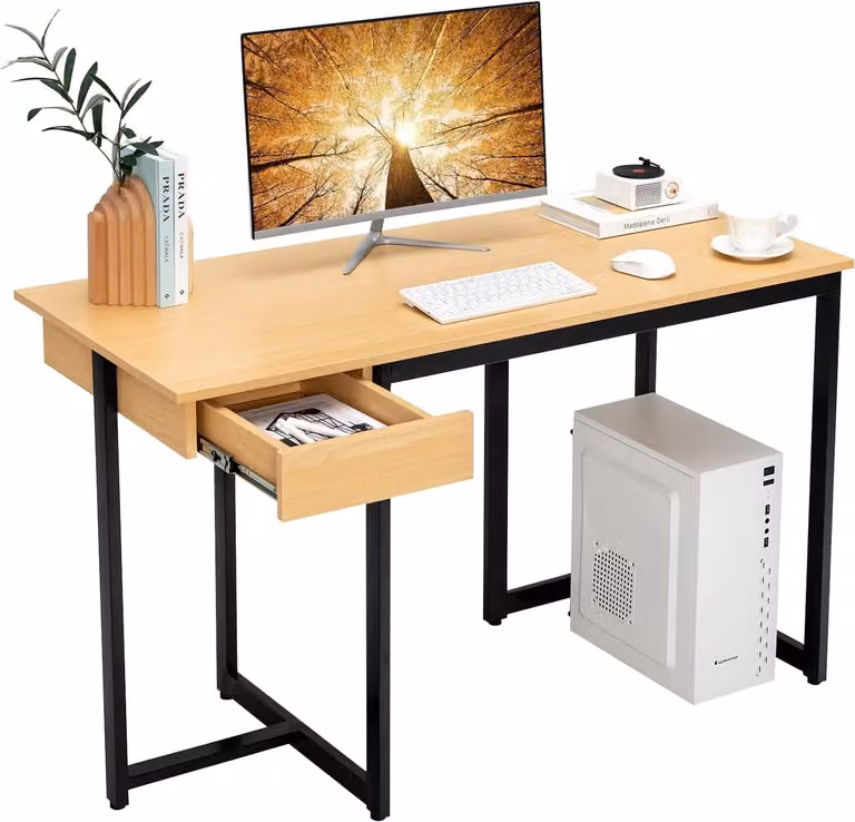 COSTWAY Scrivania con cassetto, scrivania per computer 120x55x75cm piccola, scrivania per ufficio scrivania per PC tavolo da lavoro struttura in metallo natura