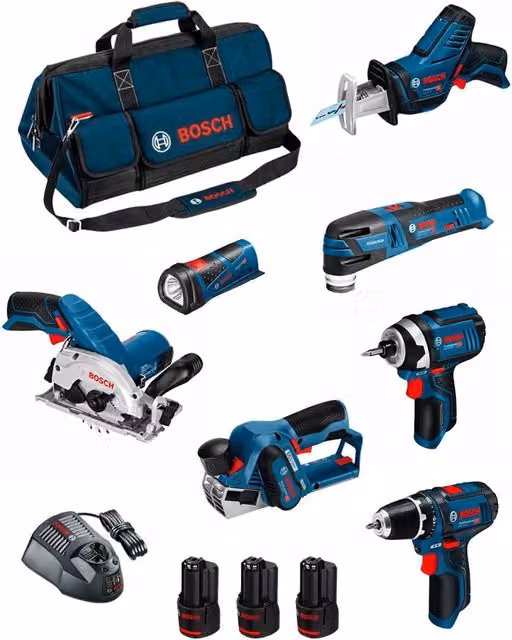 Kit utensili Bosch BMKB7-28DD3 blu con avvitatore, trapano, levigatrice e 3 batterie da 2,0Ah