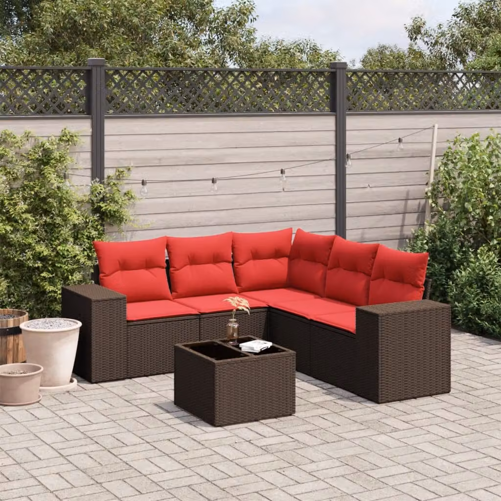 Set Divani da Giardino vidaXL 6 pz a Forma a L con Tavolino in Vetro e Cuscini Marroni e Rossi in Polyrattan e Acciaio