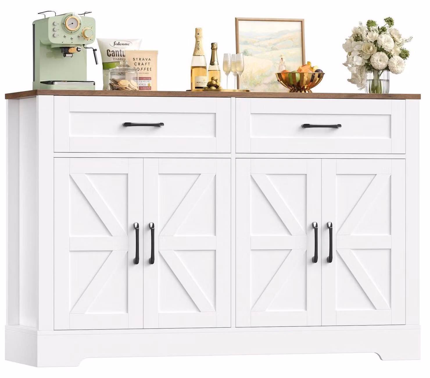 Credenza da cucina con 2 cassetti e 4 ante, bianca e marrone, 120 cm