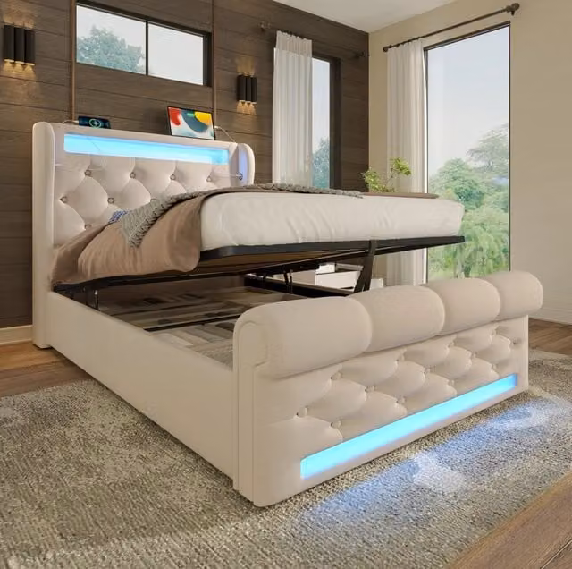 Letto imbottito 90x200 cm con contenitore idraulico; LED e USB Type C in velluto beige