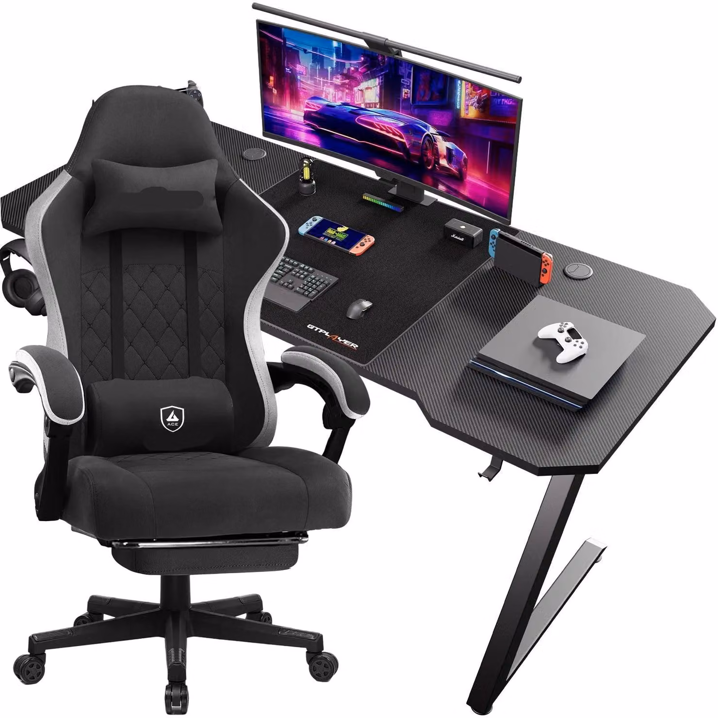 Set da gaming - Scrivania e sedia - Scrivania da gaming - Postazione di lavoro - Sedia da gaming - Sedia regolabile - Design ergonomico