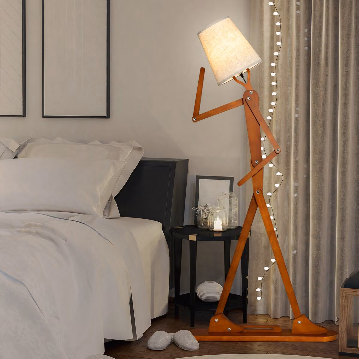 Costway Lampada da terra moderna in legno marrone con paralume in tessuto beige e articolazioni regolabili