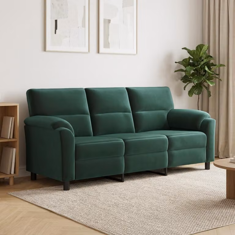 Divano moderno vidaXL in velluto verde scuro con struttura in metallo, L: 214 cm, P: 85 cm, H: 93 cm