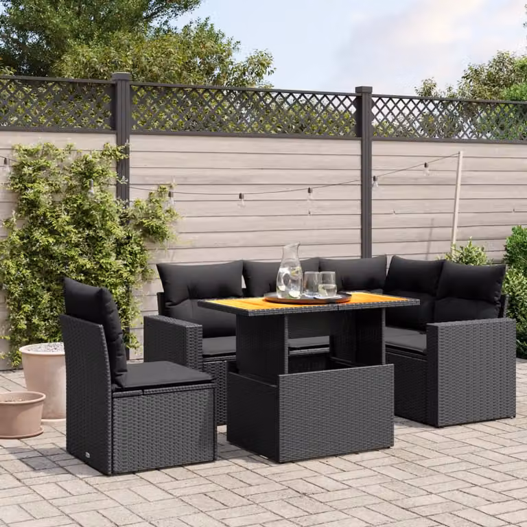 Set Divano da Giardino a L vidaXL 6 pz in Polyrattan Nero con Cuscini e Tavolino