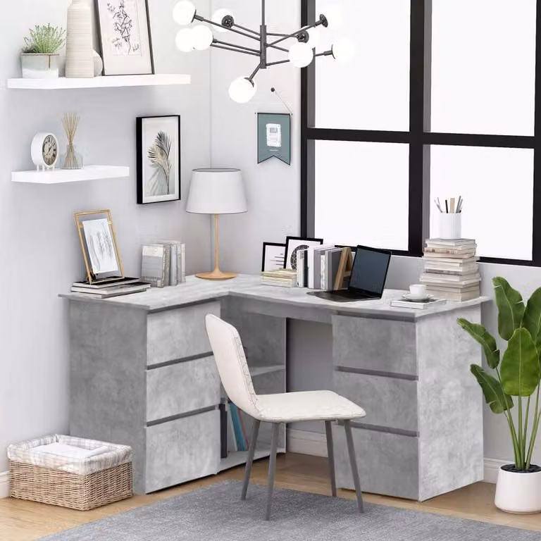 The Living Store Scrivania ad angolo in cemento grigio 145x100x76 cm materiale legno