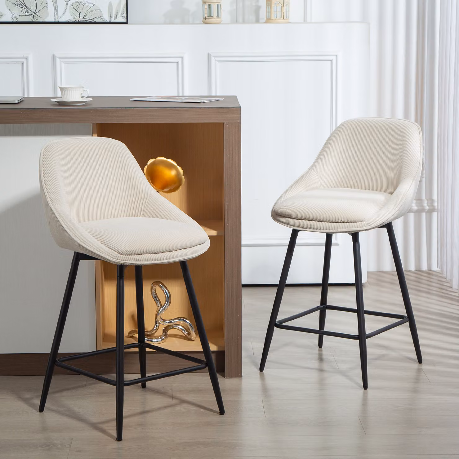 Set da 2 sgabelli HOMCOM in velluto a coste con gambe in metallo per cucina e sala da pranzo, colore beige – 2