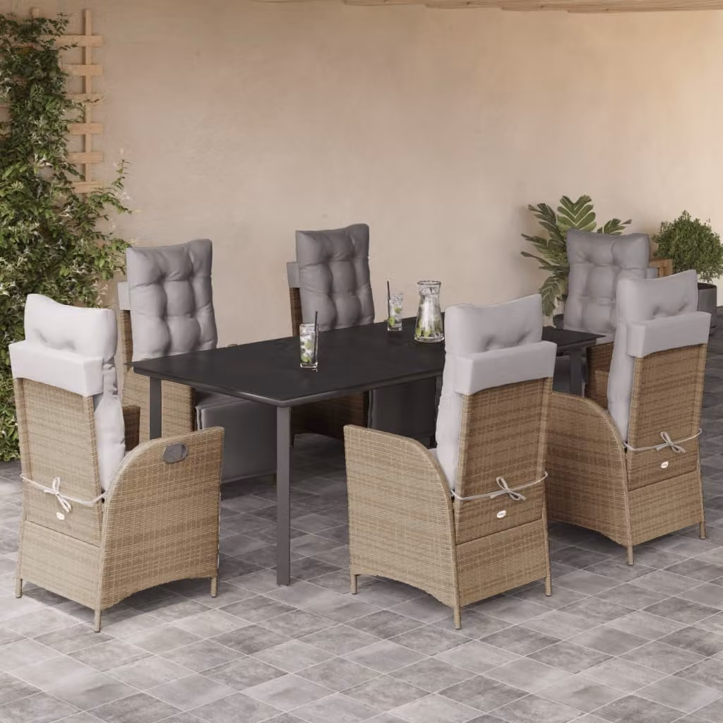 Set Pranzo da Giardino vidaXL in Polyrattan con Cuscini e Tavolo in Vetro, 7 Pezzi, Colore Misto Beige, Nero e Grigio – 1