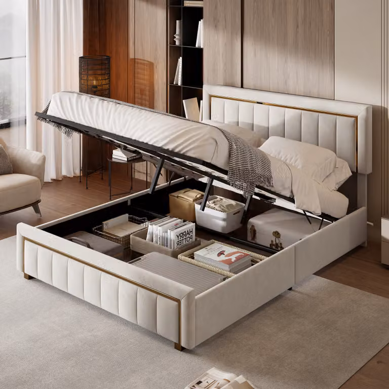 CDGlobal letto imbottito 140x200cm con rete a doghe, letto a molle idrauliche con contenitore, letto contenitore letto matrimoniale con testata contenitore, biancheria