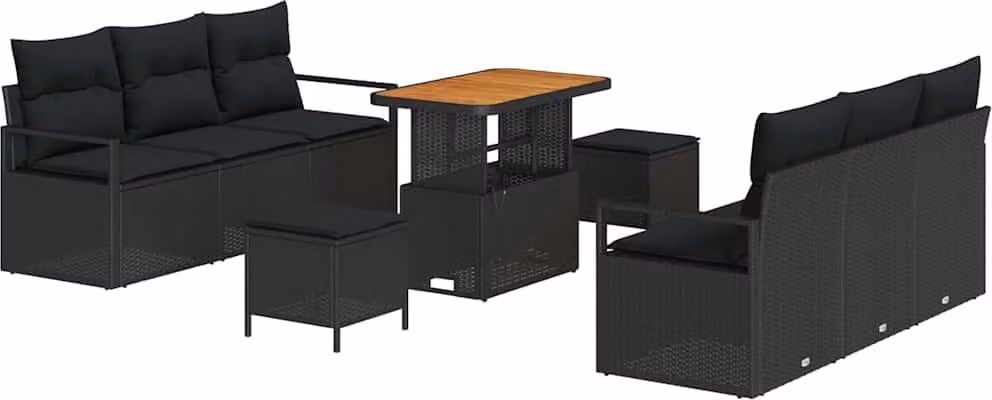 Set Divano da Giardino con cuscino 9 pcs Nero polyrattan