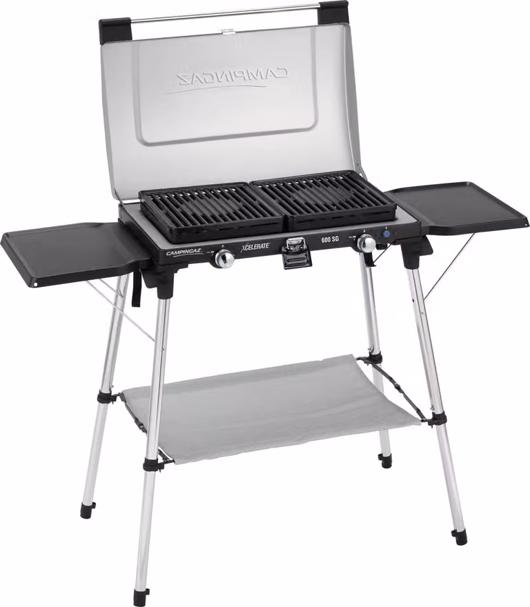 Fornello Campingaz a 2 fuochi 600-SG, con piastre grill e rastrelliera