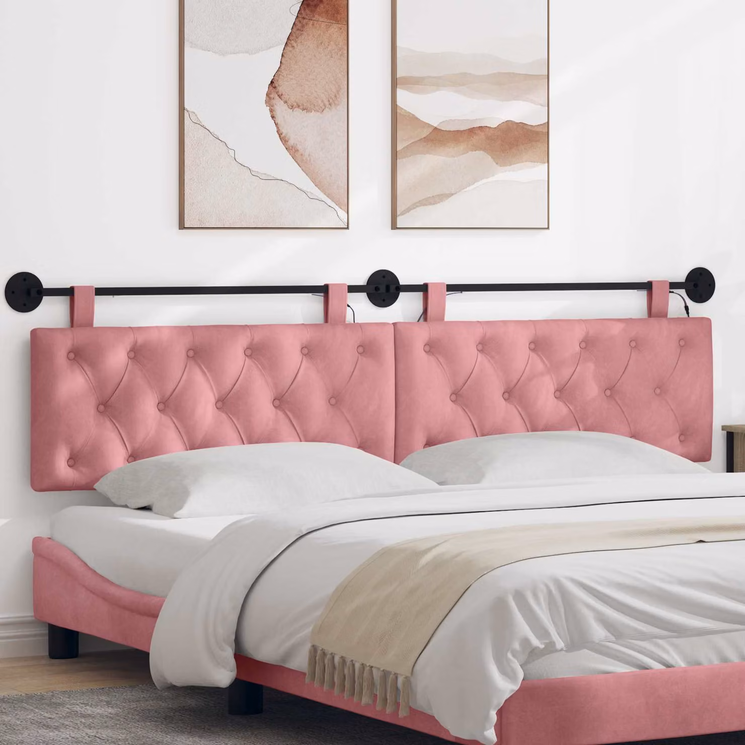 Testiera sospesa vidaXL con luce LED integrata in velluto rosa, L: 210 cm, H: 55 cm, P: 7 cm