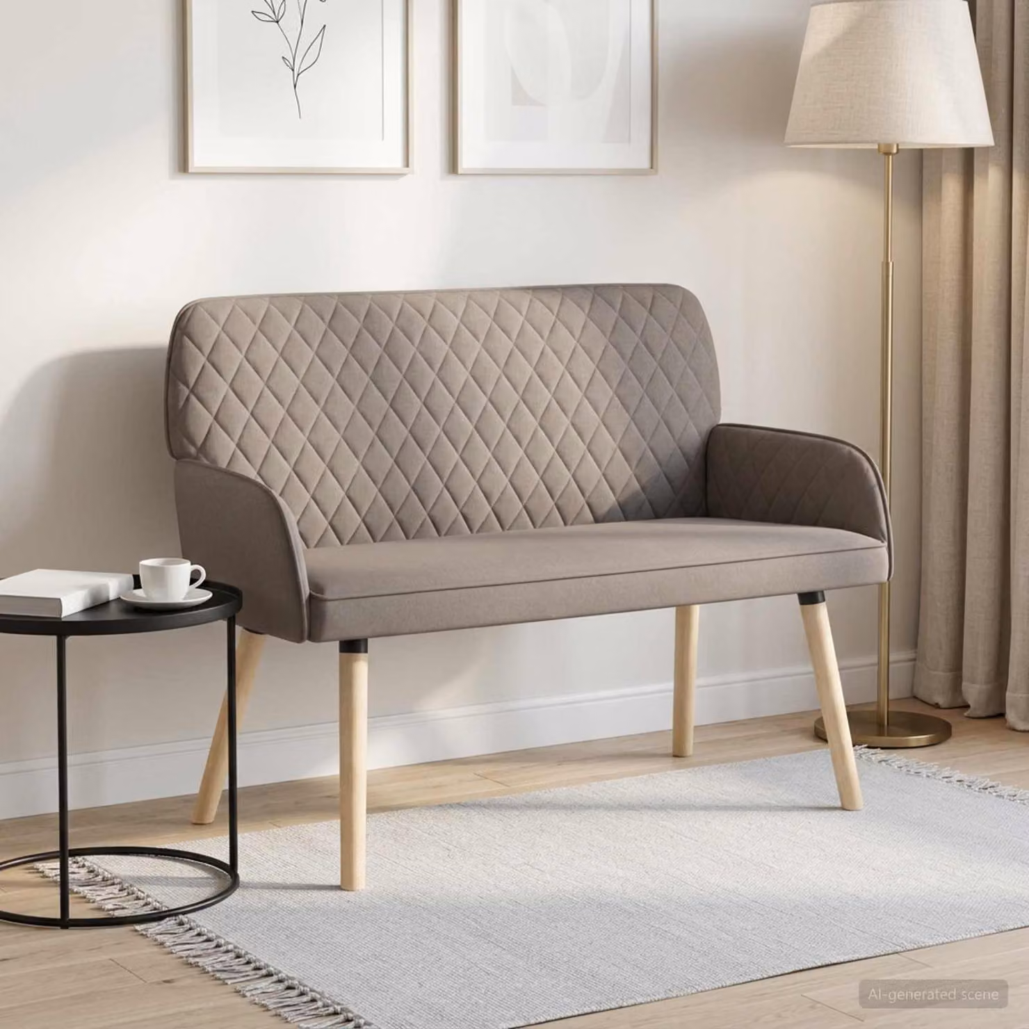 vidaXL Divano a 2 Posti Moderno in Tessuto con Gambe in Legno, L: 115 cm, P: 86 cm, H: 58 cm, Colore Grigio/Beige