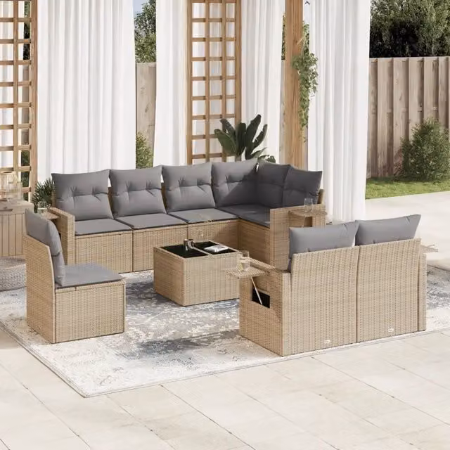 Set Divano da Giardino 9 pz con Cuscini Beige in Polyrattan 3220448