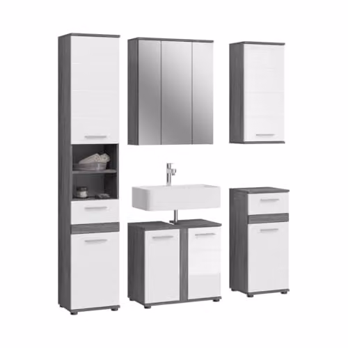 Meublorama William - Set di mobili da bagno – grigio scuro e bianco – 164 x 191 x 34 cm – 6 porte, 2 cassetti
