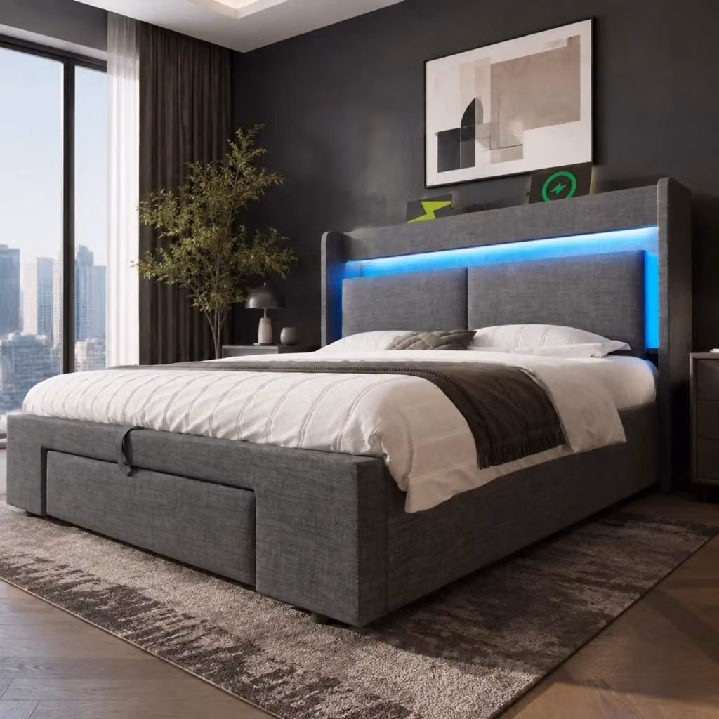 Letto contenitore REDOM in tessuto grigio con testiera LED, porte USB e base a sollevamento, L/P/H: 219 x 160 x 111 cm – 2