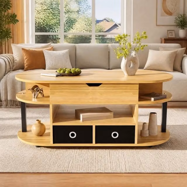 Tavolino da salotto con effetto venatura legno, funzione sollevabile, cassetti in tessuto nero e spazio contenitivo – 105x50x45/60 cm