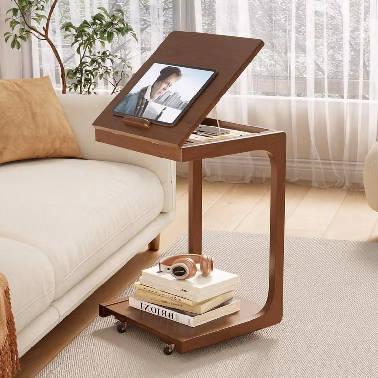Tavolino laterale in legno con rotelle, forma a C, 40x40x63 cm, color noce