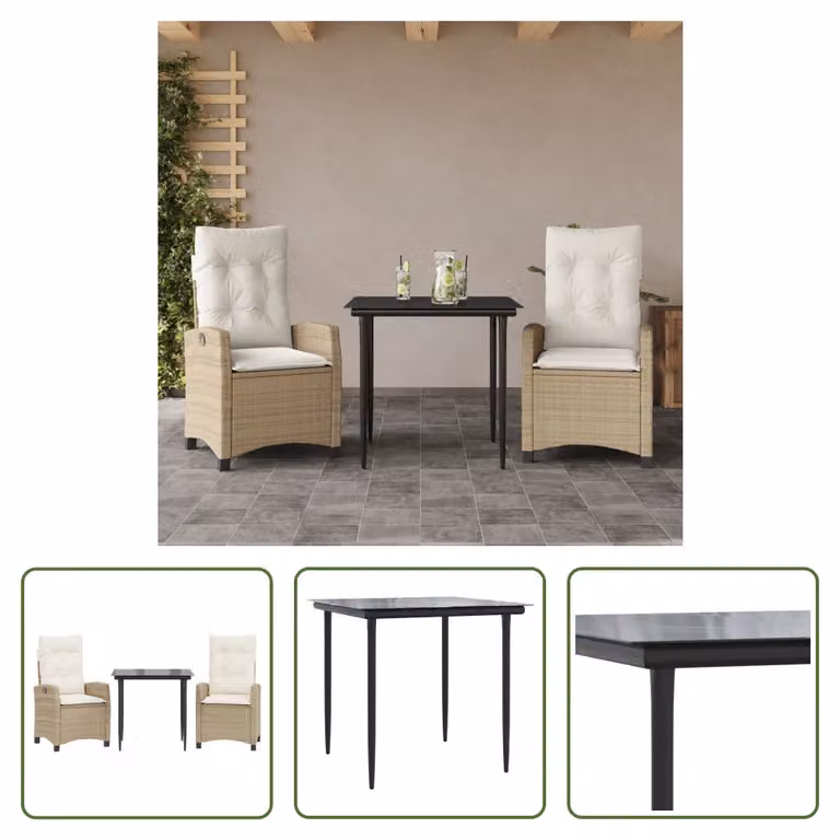 The Living Store Set da pranzo da giardino 3 pezzi con cuscini Beige poly rattan