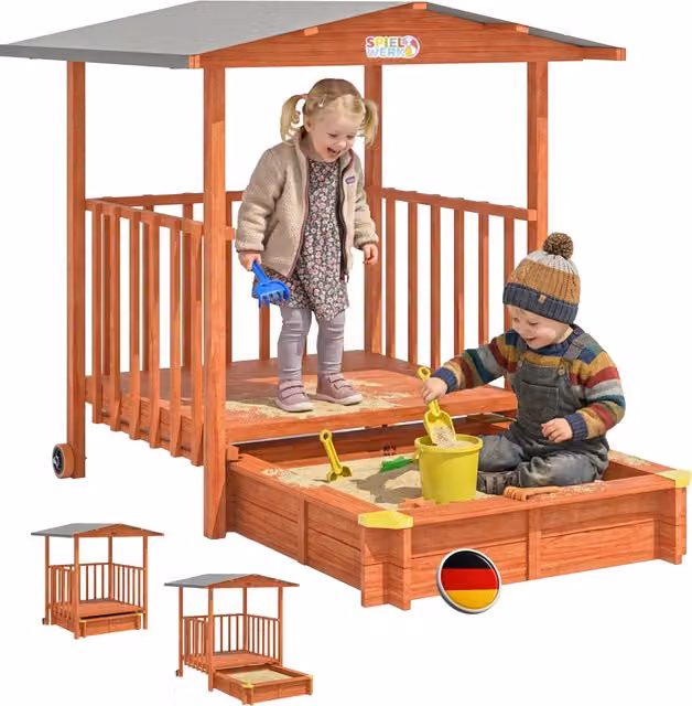 Casetta gioco con sabbiera Spielwerk in legno e tessuto marrone multicolore con tetto e veranda protezione UV 50+ – 1