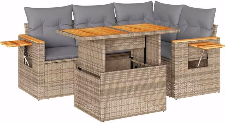 Set Divano da Giardino 5 pz con Cuscini Beige Polyrattan Acacia