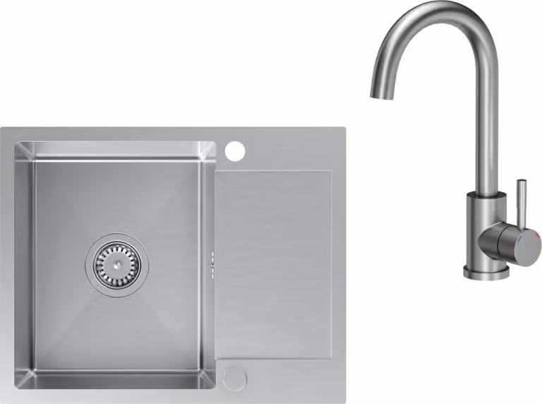 VBChome Lavello in acciaio inox con rubinetto 60 x 48 cm Lavello da incasso in acciaio inox spazzolato con due fori Lavello grande Lavello da cucina con sgocciolatoio Sifone