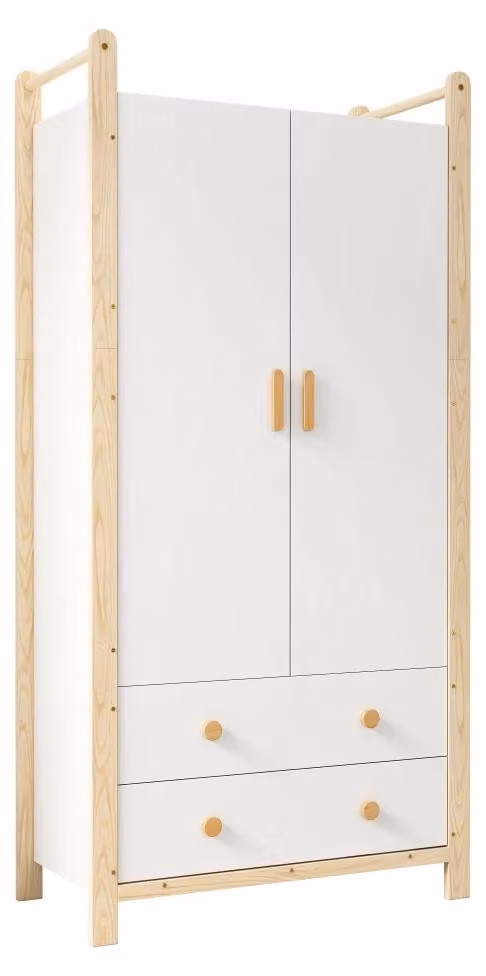 Armadio - Armadio a 2 ante - 2 cassetti - Legno massello + MDF - Colore naturale + bianco - 90 x 45 x 180 cm