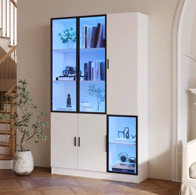 Vetrina moderna bianca con ante in vetro e illuminazione a LED, L: 120 cm, P: 35 cm, H: 200 cm – 1