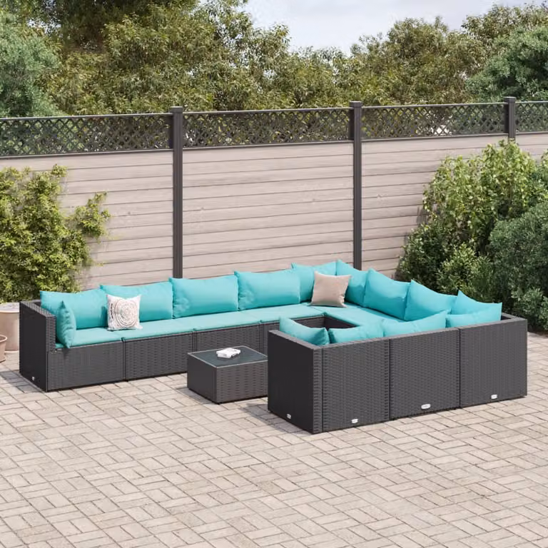 Set Divani da Giardino vidaXL 11 Pezzi a Forma di U con Cuscini e Tavolino, Struttura in Metallo e Polyrattan Nero